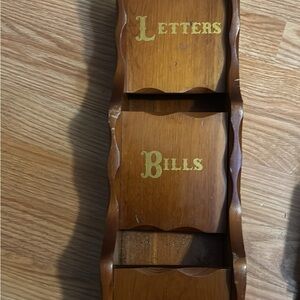 Vintage Wooden Wall Organizer with 'Letters' and 'Bills' Compartments - Brown